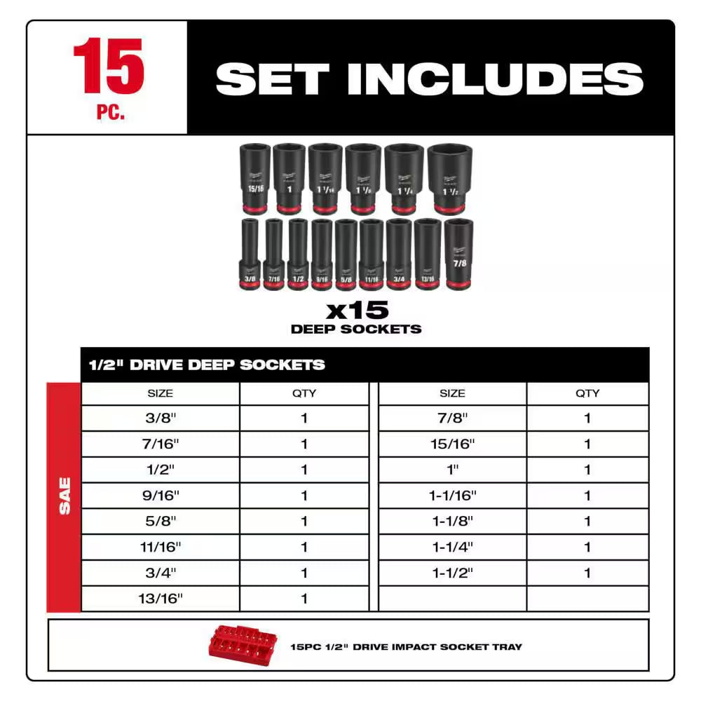 SHOCKWAVE Impact-Duty 1/2 In. Drive SAE Deep Well Impact Socket Set (15-Piece)